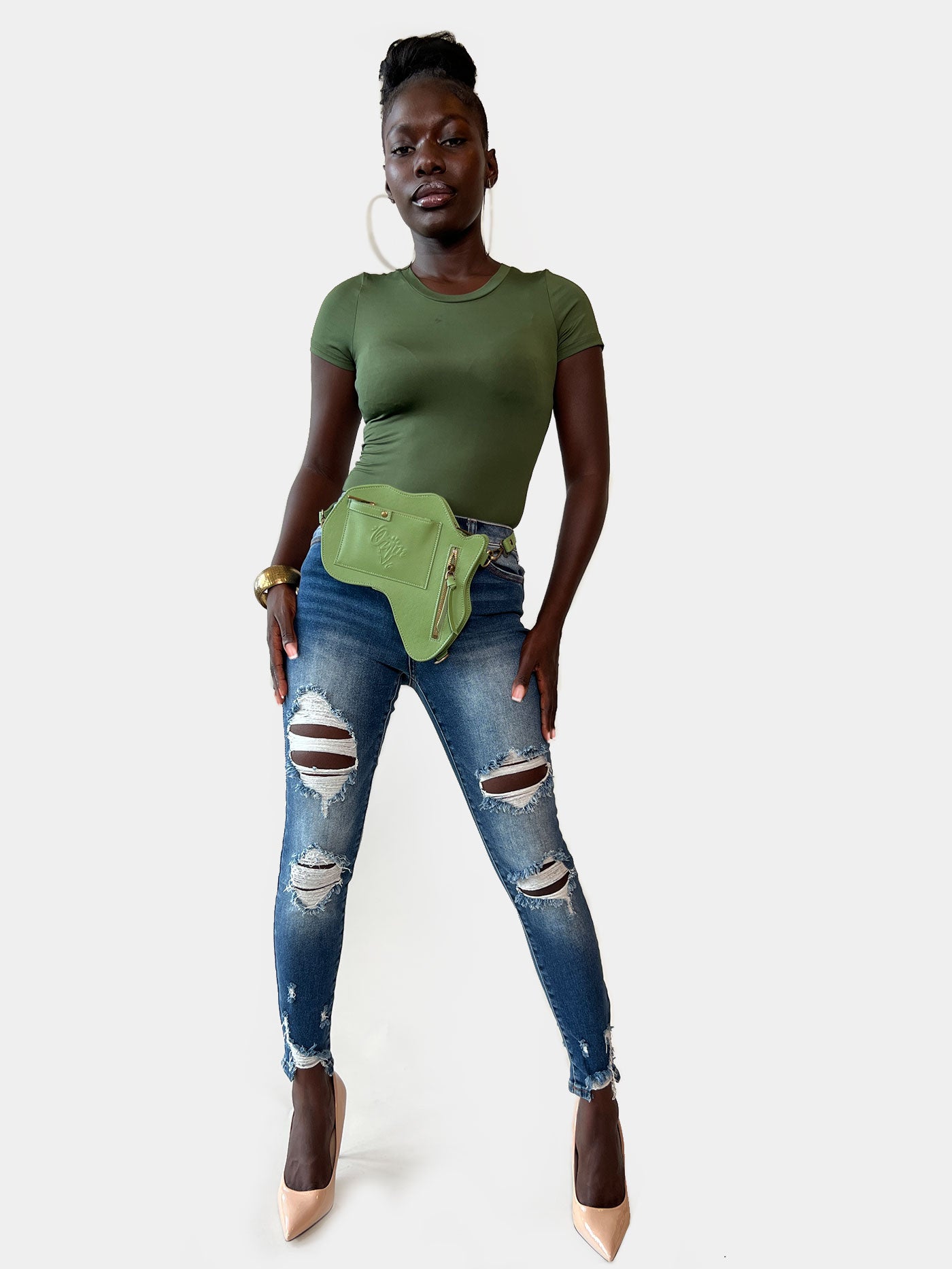 🌱 VEGAN Africa Fanny Pack/ CrossBody Bag - Moringa Green microfiber leather  | ORIJIN CULTURE