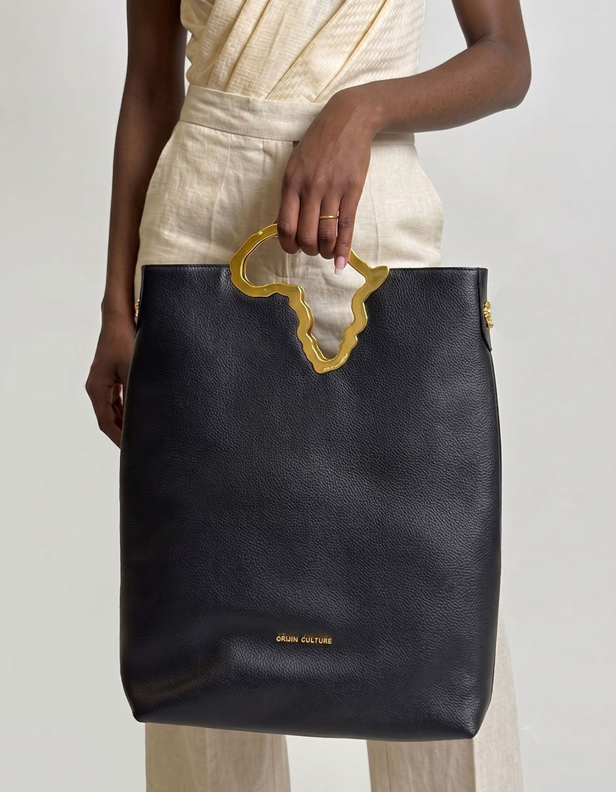 Africa Tote Bag | Nubia Black Full-Grain Leather Convertible Clutch