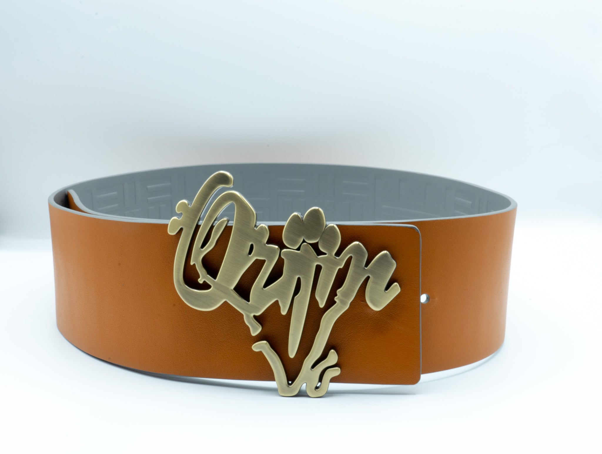 Orijin Logo Reversible Wide Leather Belt (Brown/Grey) - SHOP | Orijin Culture 