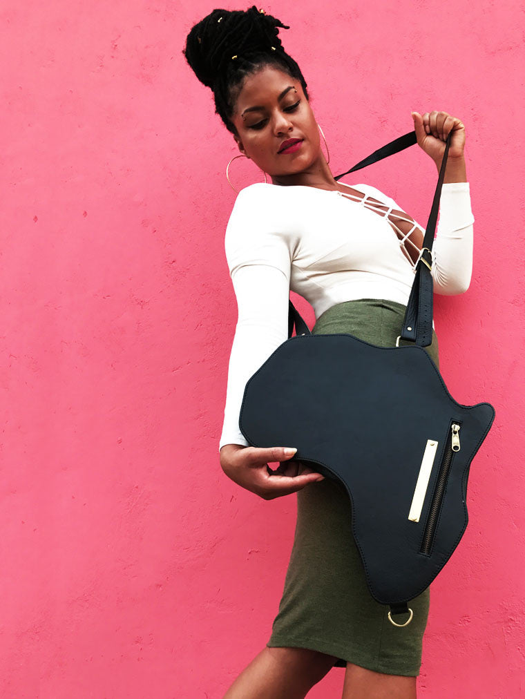Africa Bag / Backpack - Black Leather (L) | Alkebulan Collection - SHOP | Orijin Culture