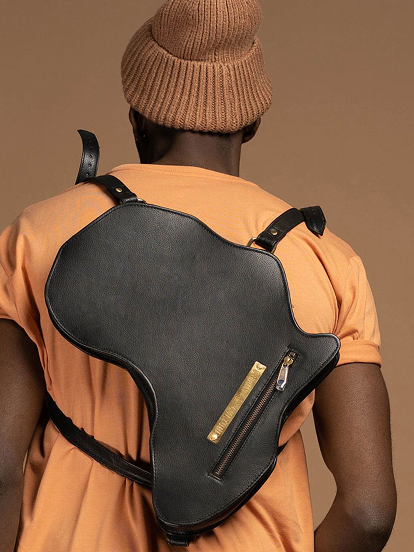 Africa shaped Bag / Backpack- Black Leather (Large)