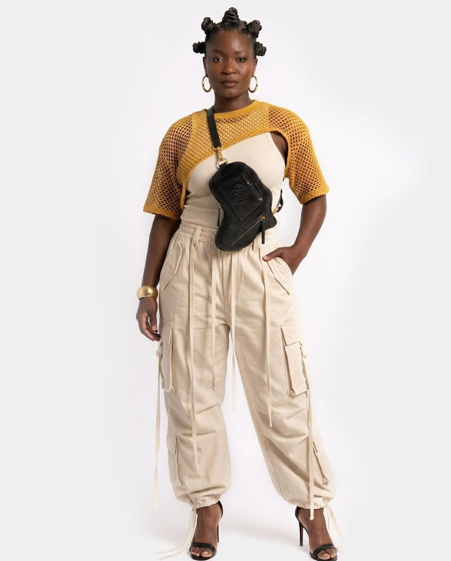 Africa Fanny Pack/ CrossBody Bag - Black Leather