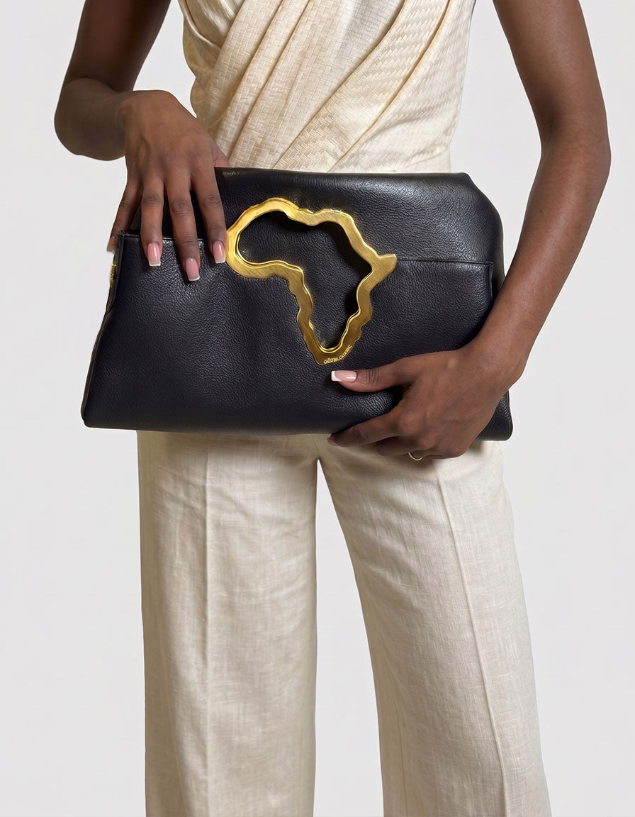 Africa Tote Bag | Nubia Black Full-Grain Leather Convertible Clutch
