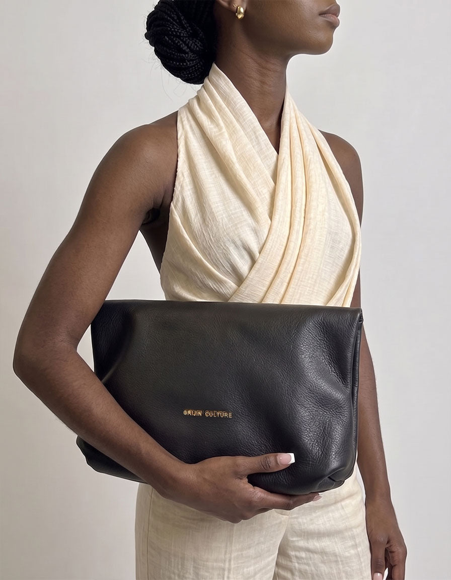 Africa Tote Bag | Nubia Black Full-Grain Leather Convertible Clutch