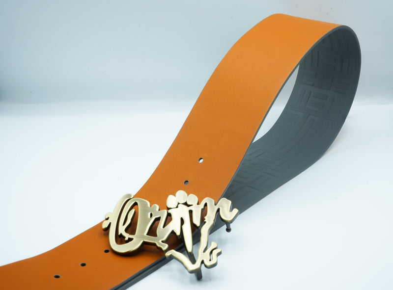 Orijin Logo Reversible Wide Leather Belt (Brown/Grey) - SHOP | Orijin Culture 